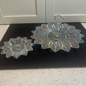FEDERAL Carnival Cut Glass Tidbit Serving Tray Set With Handle | Petal Pattern